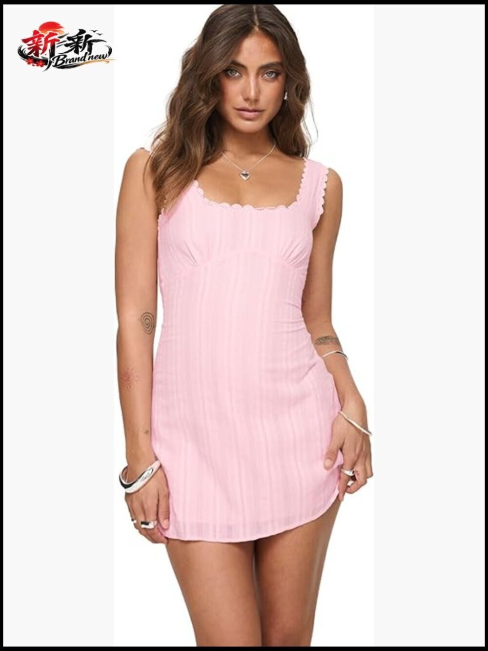Mini Dress with Square Neckline and Lace Trim Detail